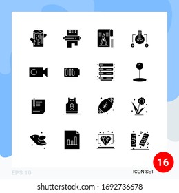 Editable Vector Line Pack of 16 Simple Solid Glyphs of cam; solution; compass; idea; file Editable Vector Design Elements