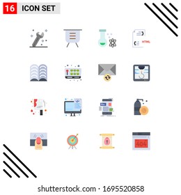 Paquete de línea de vectores editable de 16 colores planos sencillos de libro; archivo; átomo; desarrollo; codificación Paquete editable de elementos de diseño de vectores creativos