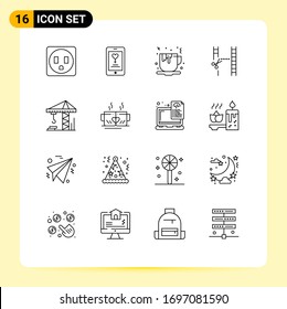 Editable Vector Line Pack of 16 Simple Outlines of tea; architecture; fast food; crain; cutting Editable Vector Design Elements