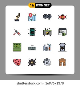 Editable Vector Line Pack of 16 Simple Flat Color Filled Lines of drug; injection; milk; dope; watch Editable Creative Vector Design Elements