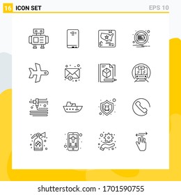 Editable Vector Line Pack of 16 Simple Outlines of takeoff; notification; american; interface; battery Editable Vector Design Elements