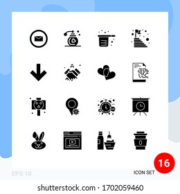 Editable Vector Line Pack of 16 Simple Solid Glyphs of down; success; cooking; steps; top Editable Vector Design Elements