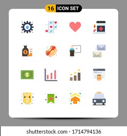 Editable Vector Line Pack of 16 Simple Flat Colors of money; fitness; heart; drugs; bottle Editable Pack of Creative Vector Design Elements