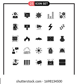 Editable Vector Line Pack of 25 Simple Solid Glyphs of equalizer; mark; diagram; gear; approved Editable Vector Design Elements