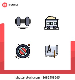 Editable Vector Line Pack of 4 Simple Filledline Flat Colors of dumbbell; warning; lift; transport; architecture Editable Vector Design Elements