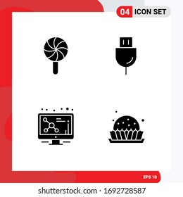 Editable Vector Line Pack of 4 Simple Solid Glyphs of christmas; atom; lollipop; plug; screen Editable Vector Design Elements