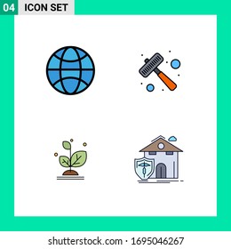 Editable Vector Line Pack of 4 Simple Filledline Flat Colors of globe; growth; hammer; steak; insurance Editable Vector Design Elements