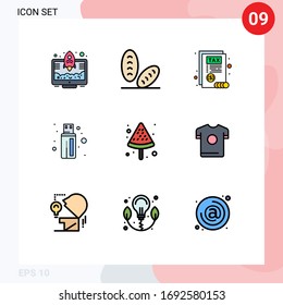 Editable Vector Line Pack of 9 Simple Filledline Flat Colors of shirt; summer; report; food; usb Editable Vector Design Elements