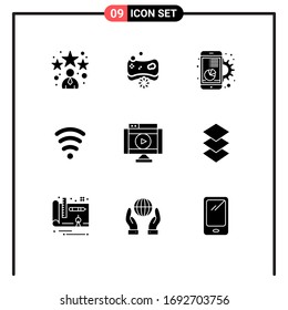 Editable Vector Line Pack of 9 Simple Solid Glyphs of movie; signal; chart; servics; mobile Editable Vector Design Elements