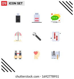 Editable Vector Line Pack of 9 Simple Flat Colors of tool; wrench; notification; spring; umbrella Editable Vector Design Elements