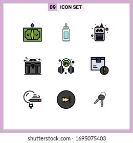 Editable Vector Line Pack of 9 Simple Filledline Flat Colors of headphone; briefcase; milk; bag; wireless Editable Vector Design Elements