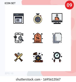 Editable Vector Line Pack of 9 Simple Filledline Flat Colors of seo; mobile; hotel; search; desktop Editable Vector Design Elements