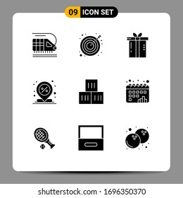 Editable Vector Line Pack of 9 Simple Solid Glyphs of box; percent; gift; location; center Editable Vector Design Elements