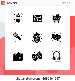 Editable Vector Line Pack of 9 Simple Solid Glyphs of deal; microphone; real estate; mic; heart Editable Vector Design Elements