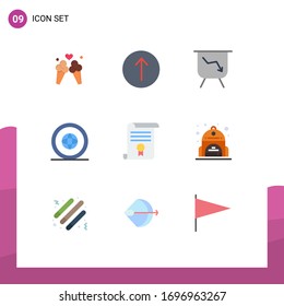Editable Vector Line Pack of 9 Simple Flat Colors of diploma; certificate; finance; location; globe Editable Vector Design Elements