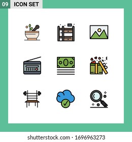 Editable Vector Line Pack of 9 Simple Filledline Flat Colors of ecommerce; radio receiver; home; radio; audio broadcasting Editable Vector Design Elements