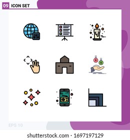 Editable Vector Line Pack of 9 Simple Filledline Flat Colors of house; building; decoration; croup; hand cursor Editable Vector Design Elements