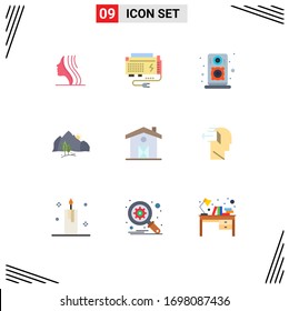 Editable Vector Line Pack of 9 Simple Flat Colors of home; mountain; source; nature; hill Editable Vector Design Elements