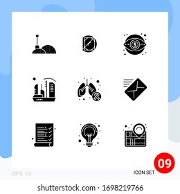 Editable Vector Line Pack of 9 Simple Solid Glyphs of cancer; dome; finance; colony; city Editable Vector Design Elements