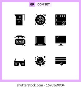Editable Vector Line Pack of 9 Simple Solid Glyphs of configure; shop; database; sale board; info board Editable Vector Design Elements