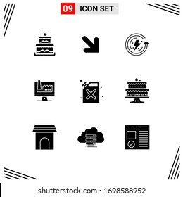 Editable Vector Line Pack of 9 Simple Solid Glyphs of baked; cane; energy; barrel; monitore Editable Vector Design Elements