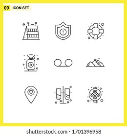 Editable Vector Line Pack of 9 Simple Outlines of mountain; message; safety; mail; gas Editable Vector Design Elements