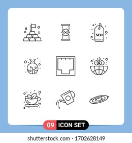 Editable Vector Line Pack of 9 Simple Outlines of internet; connection; badge; beetle; insect Editable Vector Design Elements