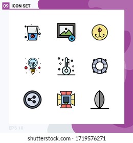 Editable Vector Line Pack of 9 Simple Filledline Flat Colors of thermometer; festival; hook; christmas; idea Editable Vector Design Elements