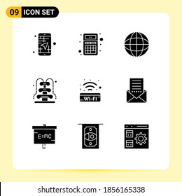 Editable Vector Line Pack of 9 Simple Solid Glyphs of romance; fountain; calculator; laboratory; earth Editable Vector Design Elements
