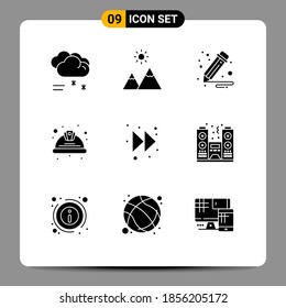Editable Vector Line Pack of 9 Simple Solid Glyphs of forward; safety; business; labour; helmet Editable Vector Design Elements