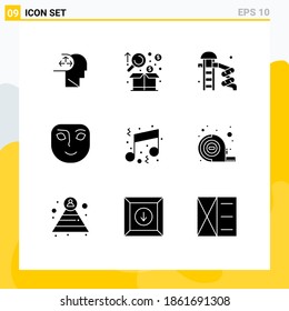 Editable Vector Line Pack of 9 Simple Solid Glyphs of birthday; happy; product; face; park Editable Vector Design Elements