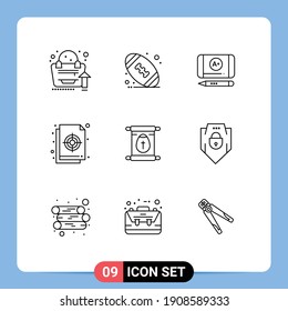 Editable Vector Line Pack of 9 Simple Outlines of scroll; education; achieve; file; palette Editable Vector Design Elements