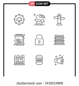 Editable Vector Line Pack of 9 Simple Outlines of grocery; lock; street; unlock; study Editable Vector Design Elements