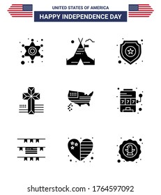 Editable Vector Line Pack of USA Day 9 Simple Solid Glyphs of thanksgiving; american; shield; church; american Editable USA Day Vector Design Elements