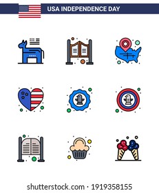 Editable Vector Line Pack of USA Day 9 Simple Flat Filled Lines of american; flag; map; country; location pin Editable USA Day Vector Design Elements