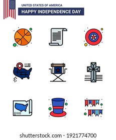 Editable Vector Line Pack of USA Day 9 Simple Flat Filled Lines of star; director; badge; chair; map Editable USA Day Vector Design Elements