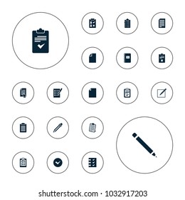 Editable vector list icons: check list, paper, pen, clipboard, checklist, paper and pen, pointing on document, tick on white background.