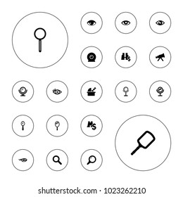 Editable vector look icons: mirror, telescope, search, eye, binoculars with dollar sign, magnifier, web camera on white background.