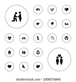 Editable vector love icons: dove, marriage proposal, couple, family, hearts, heart with cross, t-shirt with heart, male and female, i love you on white background.