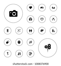 Editable Vector Love Icons: Heart, Ring, Family, Rose, Marriage Proposal, Heart With Camera, Phone With Heart, I Love You, Bow, Shy Emoji, Newborn Child On White Background.