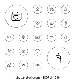 Editable vector love icons: heart, woman with baby carriage, family photo, bouquet, heart on hand, rose, love letter, i love you, rings, ribbon on white background.