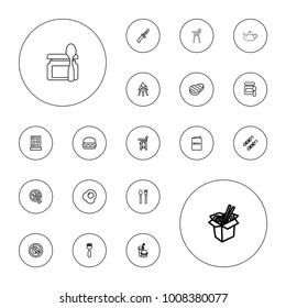 Editable vector lunch icons: baby food, baby chair, burger, noodles fast food, burger and drink, fork, plate fork and knife, beef, pizza, menu, kebab, bbq on white background.