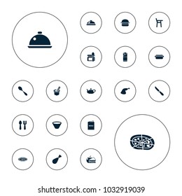 Editable vector lunch icons: dish, fork and spoon, baby chair, pizza, burrito, meat leg, menu, hot dog, bowl, baby food, teapot, burger, noodles fast food on white background.