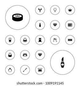 Editable vector luxury icons: vip, cream box, lipstick, crown, diamond, bag, gem, wine glass, jacuzzi, candlestick, vip door, mascara, ring, necklace on white background.