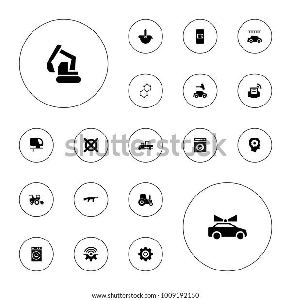 Editable vector\
machine icons: vending machine, washing machine, car wash, no dry\
cleaning, gear in head, excavator, electric saw, gear, printer,\
robot on white\
background.