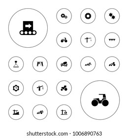 Editable vector machinery icons: gear, construction crane, concrete mixer, excavator, tractor, hook with cargo, plowing tool, construction  crane on white background.