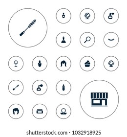 Editable vector makeup icons: perfume, nail polish, mirror, cream box, eyelash, lipstick, powder, mascara, beauty salon, spa bag, cream on white background.
