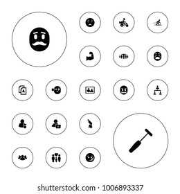 Editable vector man icons: resume, man with laptop, nail gun, crying emot, sick emot, family photo, family, group, medical hammer, structure, skiing on white background.