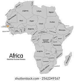 Editable vector map of Africa highlighting Guinea-Bissau. Perfect for educational, geographical, and travel-related projects.Guinea-Bissau vector map silhouette isolated on Africa map. Editable vector