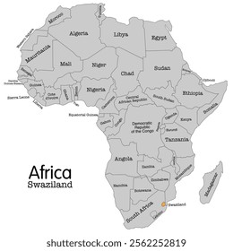 Editable vector map of Africa highlighting Swaziland. Ideal for educational, geographical, and travel-related projects. Swaziland vector map silhouette isolated on Africa map.